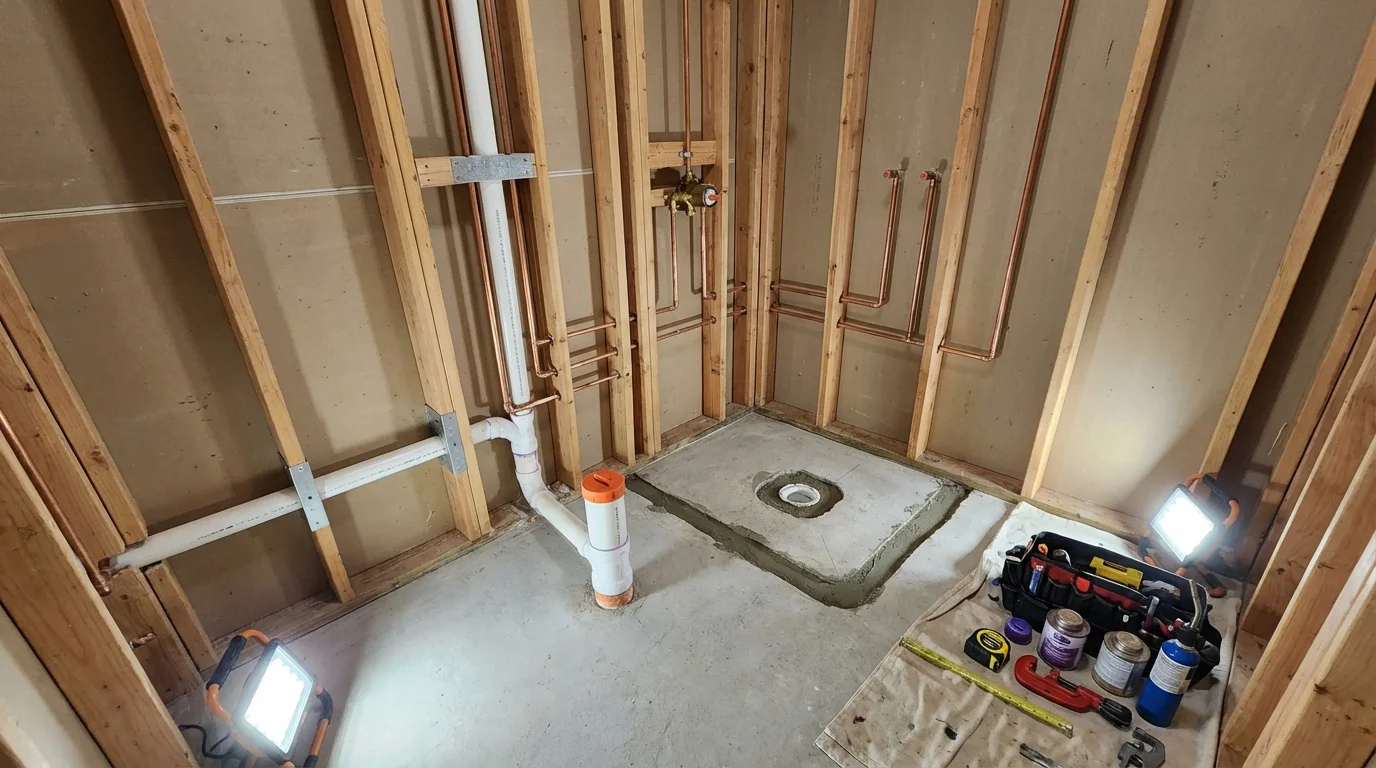 Bathroom rough-in plumbing during remodel by Johns Plumbing LLC in Keuka Park