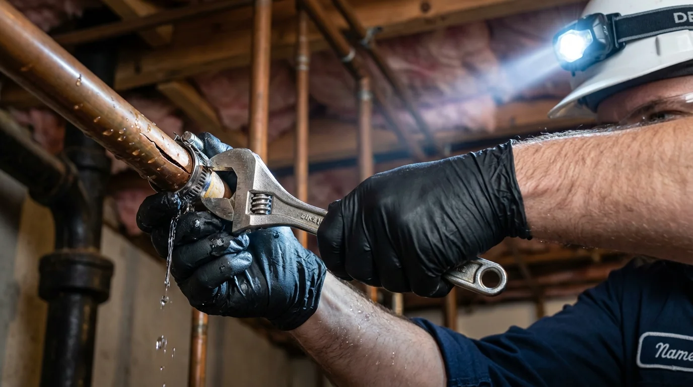 Emergency pipe clamp repair being performed by a Johns Plumbing LLC plumber in Keuka Park