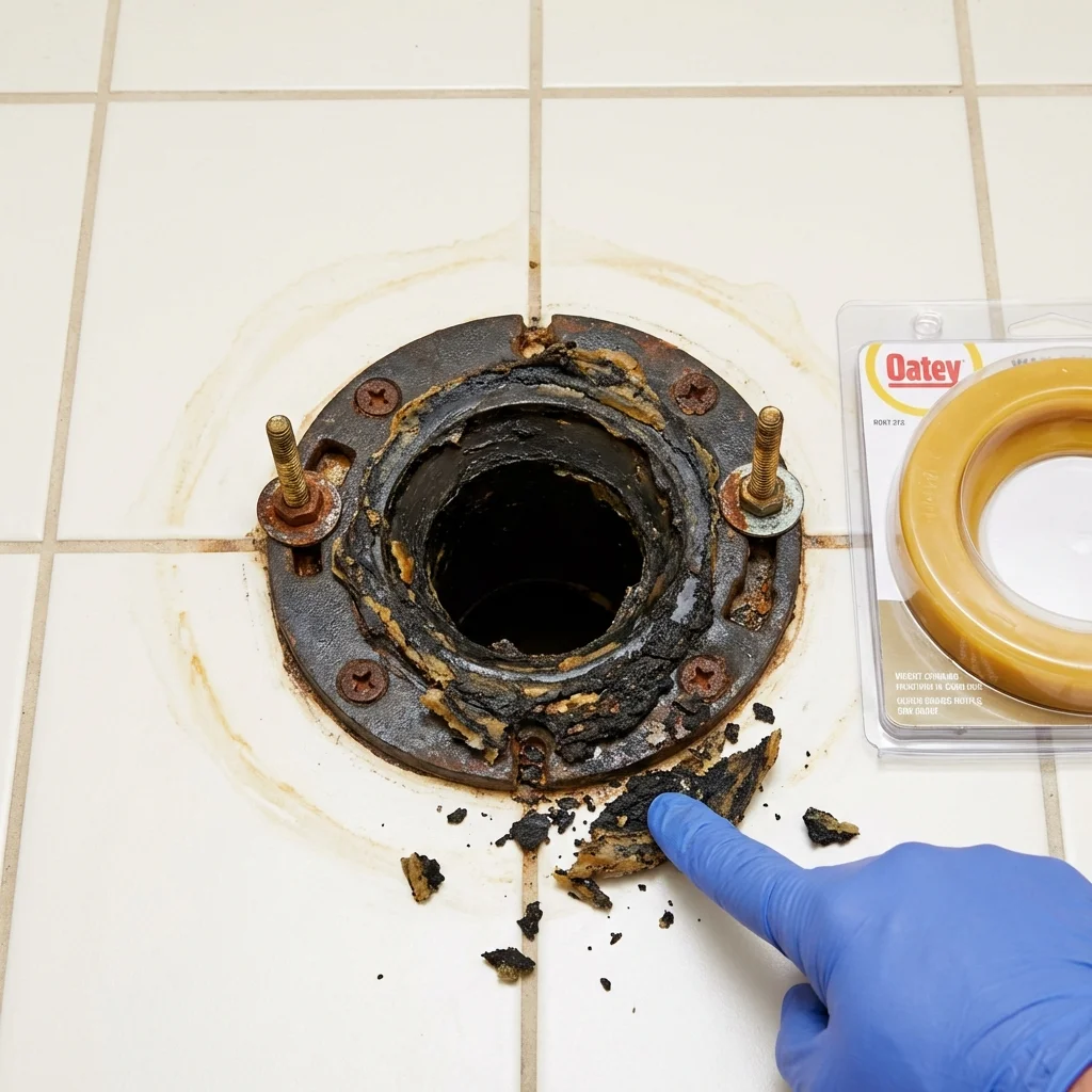 Failed wax ring showing water seepage at the base of a toilet in a Keuka Park, NY home