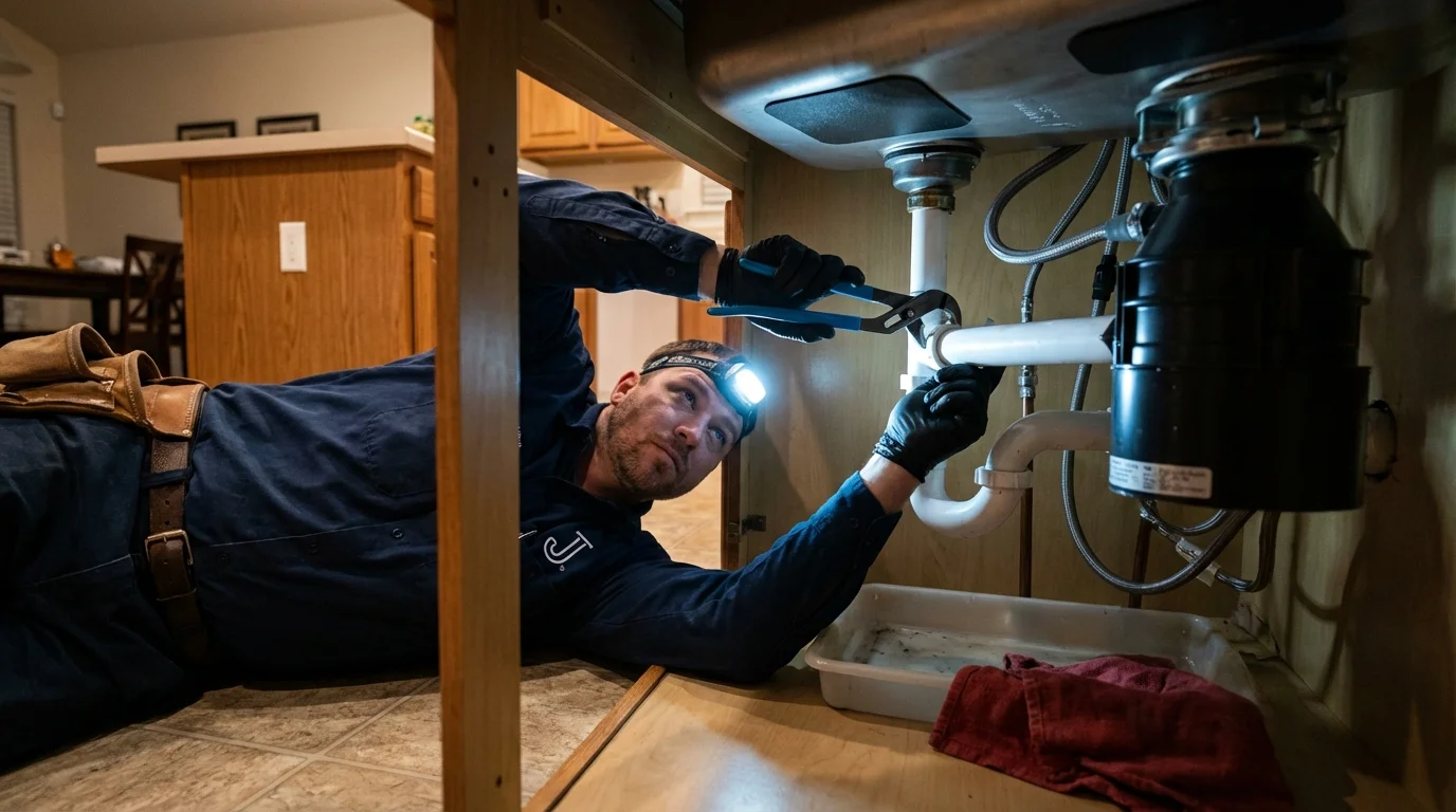 P-trap and supply line connections under a kitchen sink showing a common leak point in Keuka Park, NY